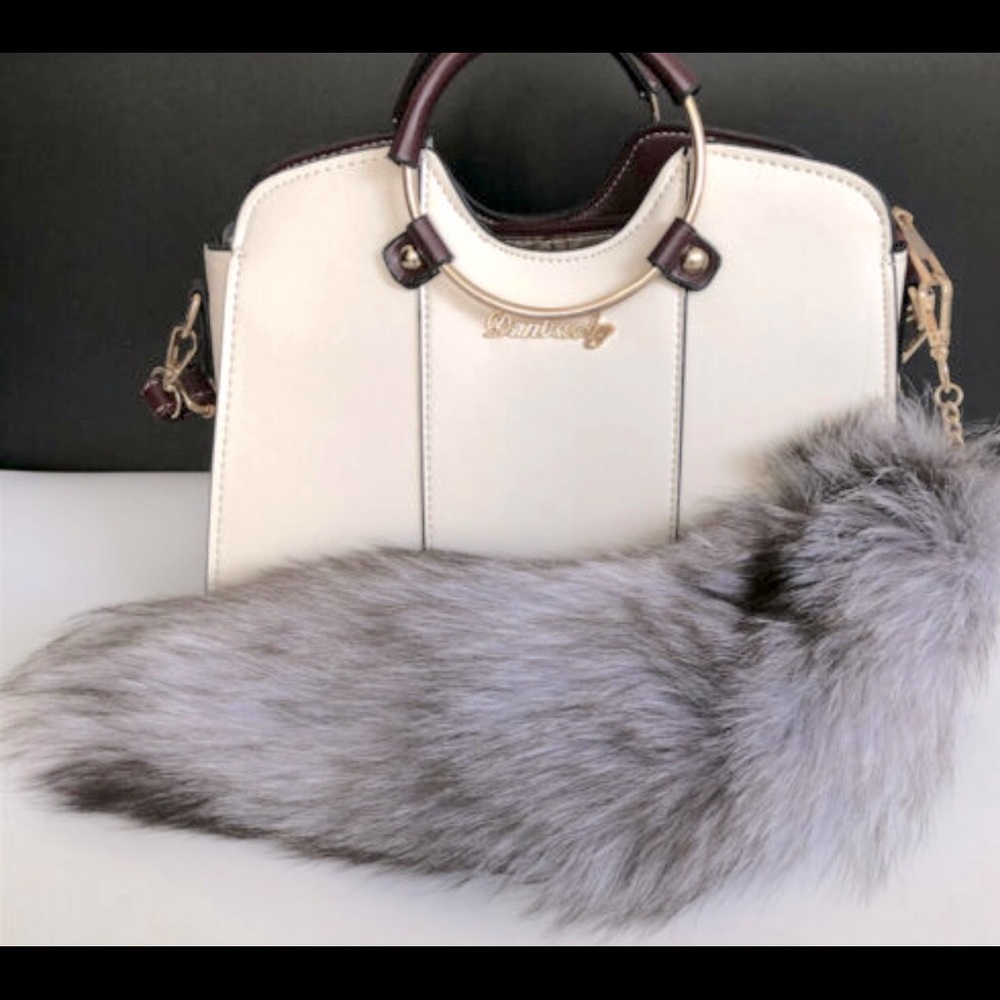 Real Silver Bluish White Fox Fur Tail Keychain.